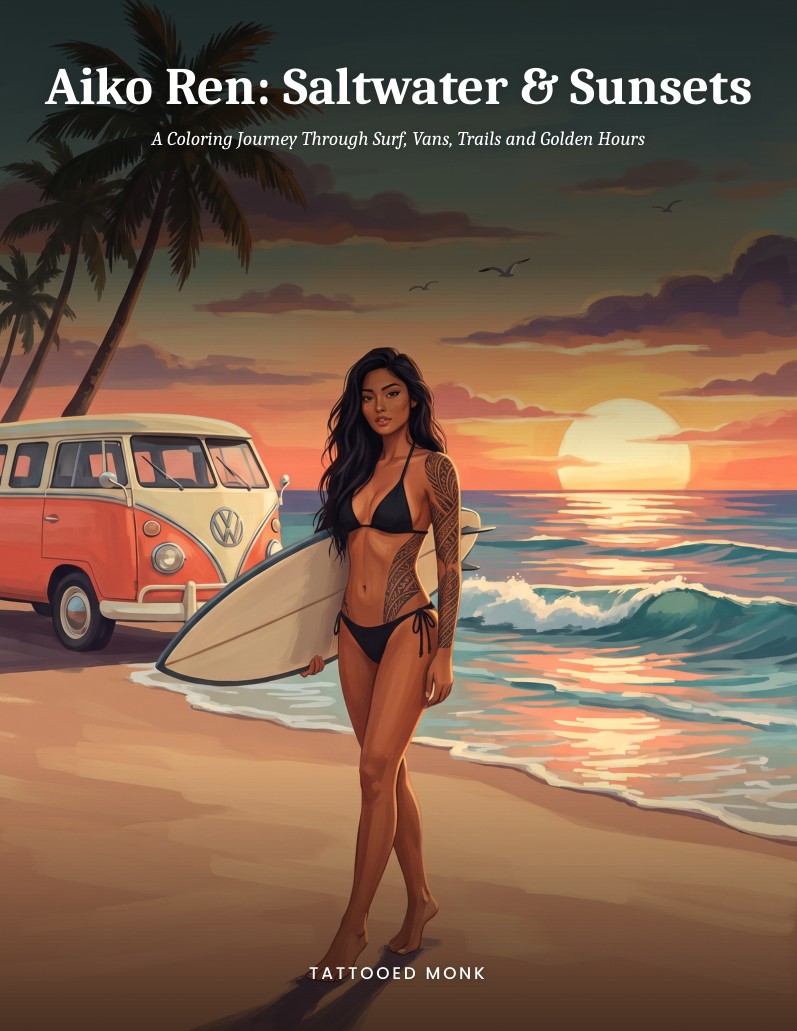 Front cover of Aiko Ren: Saltwater & Sunsets, with Aiko, her surfboard and a van beside the ocean at sunset