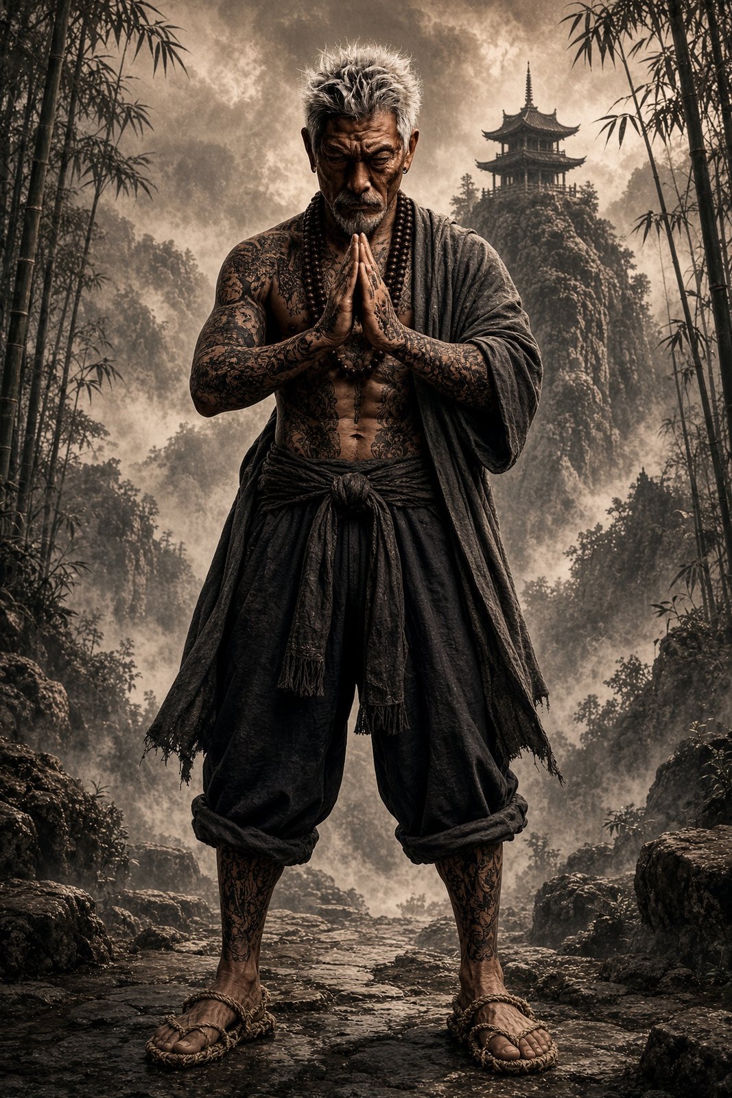 Mist Monk, a fictional older tattooed monk in a charcoal robe on a misty mountain path